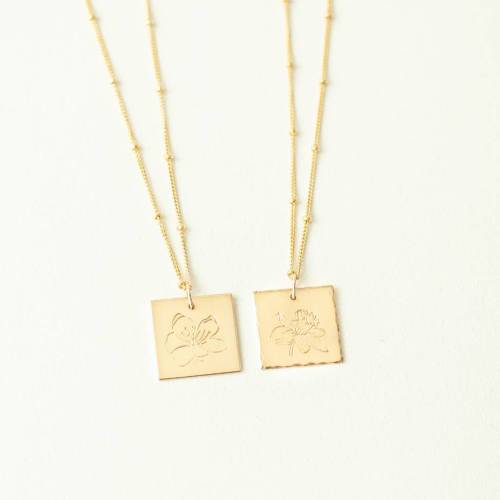 Birth Month Flower 16mm Square Necklace on Satellite Chain